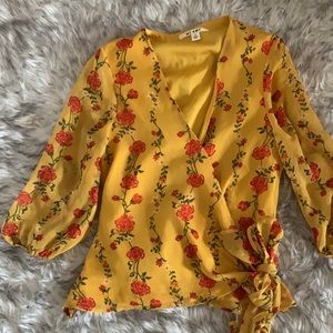 Yellow Red Floral Wrap Shirt